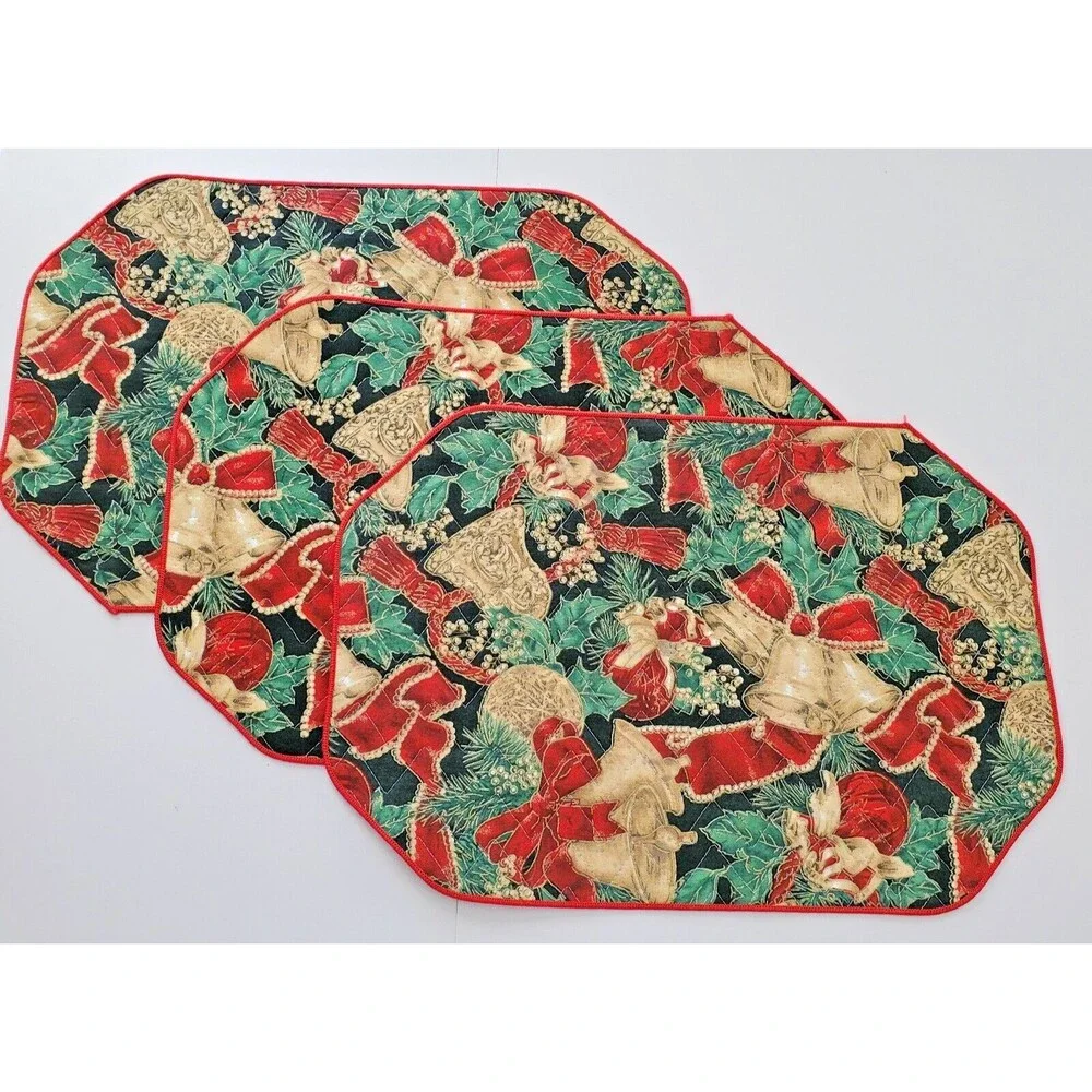 Vintage Placemats 4 Quilted Christmas Bells Red Green Black Gold Octagon 17x12